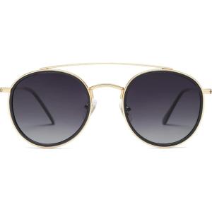 imageSOJOS Retro Vintage Round Polarized Sunglasses for Women Men Small Double Bridge Circle Sunnies SJ1104GoldGrey