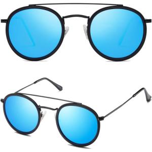 imageSOJOS Retro Vintage Round Polarized Sunglasses for Women Men Small Double Bridge Circle Sunnies SJ1104Matte BlackBlue