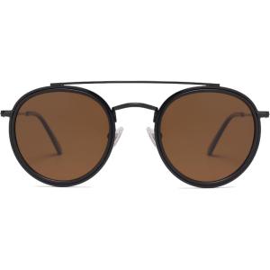 imageSOJOS Retro Vintage Round Polarized Sunglasses for Women Men Small Double Bridge Circle Sunnies SJ1104Shiny BlackBrown