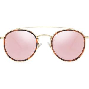imageSOJOS Retro Vintage Round Polarized Sunglasses for Women Men Small Double Bridge Circle Sunnies SJ1104TortoisePink