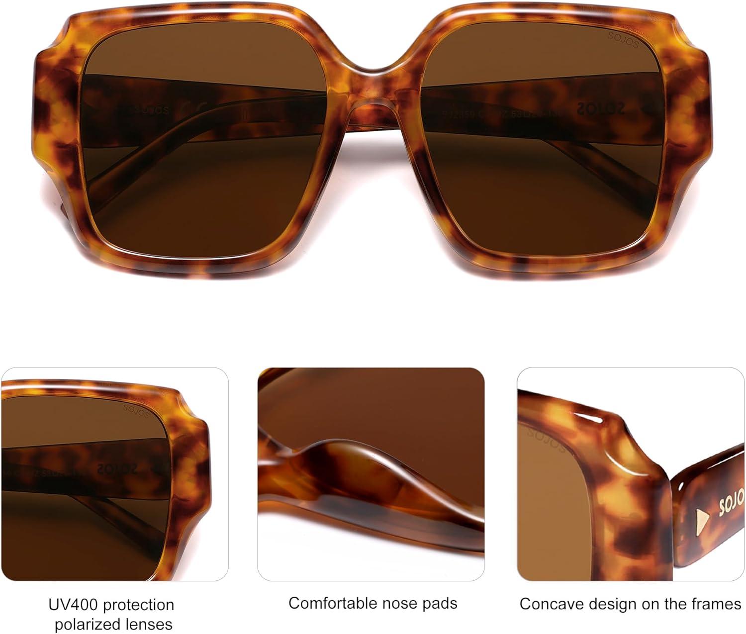 imageSOJOS Big Retro Square Polarized Sunglasses Womens Mens 70s 80s Vintage Oversized Sunnies SJ2359Brown TortoiseBrown