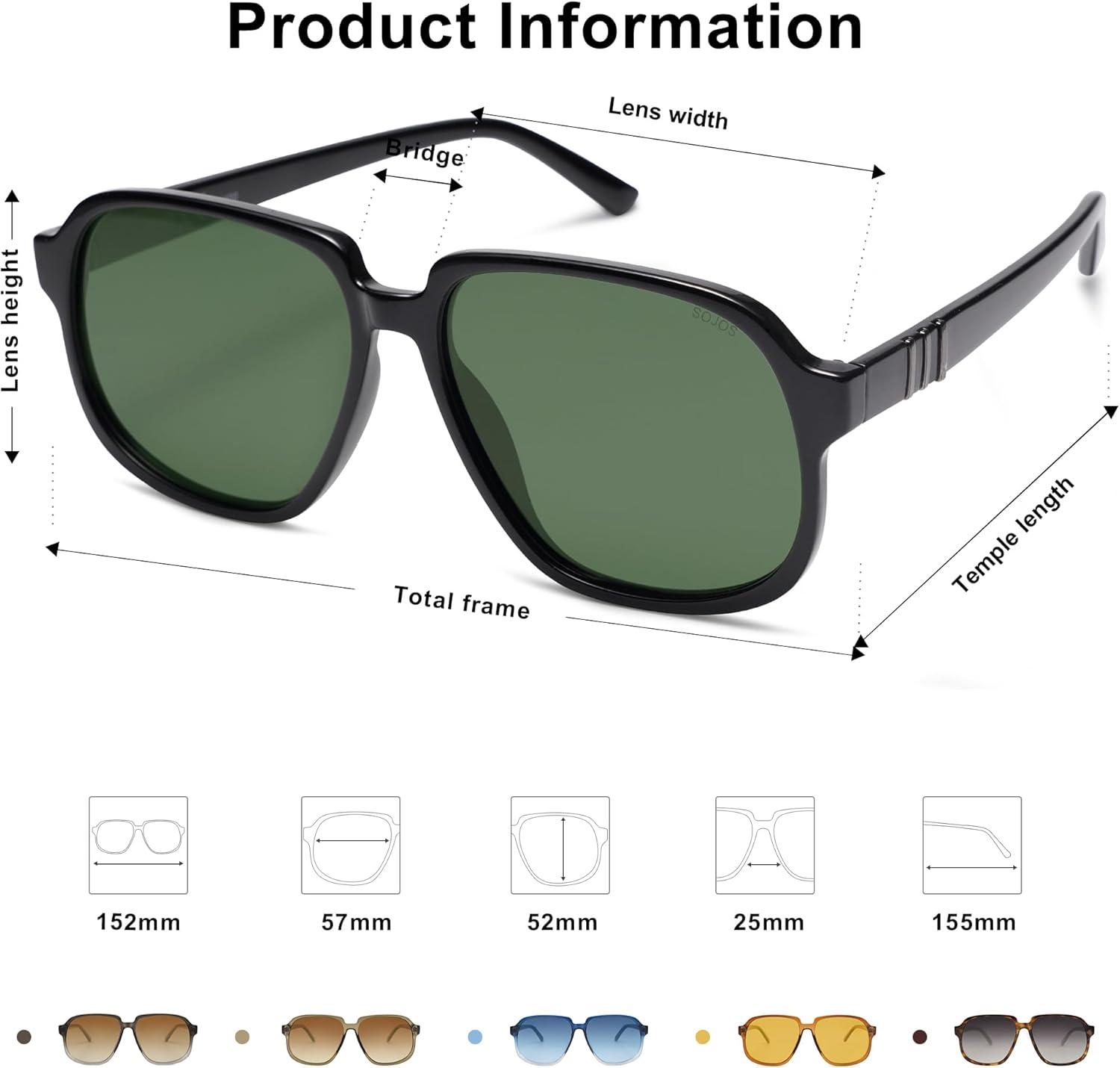 imageSOJOS Retro Vintage Square Polarized Sunglasses for Women Men 70s 80s Oversized Shades SJ2272BlackDark Green