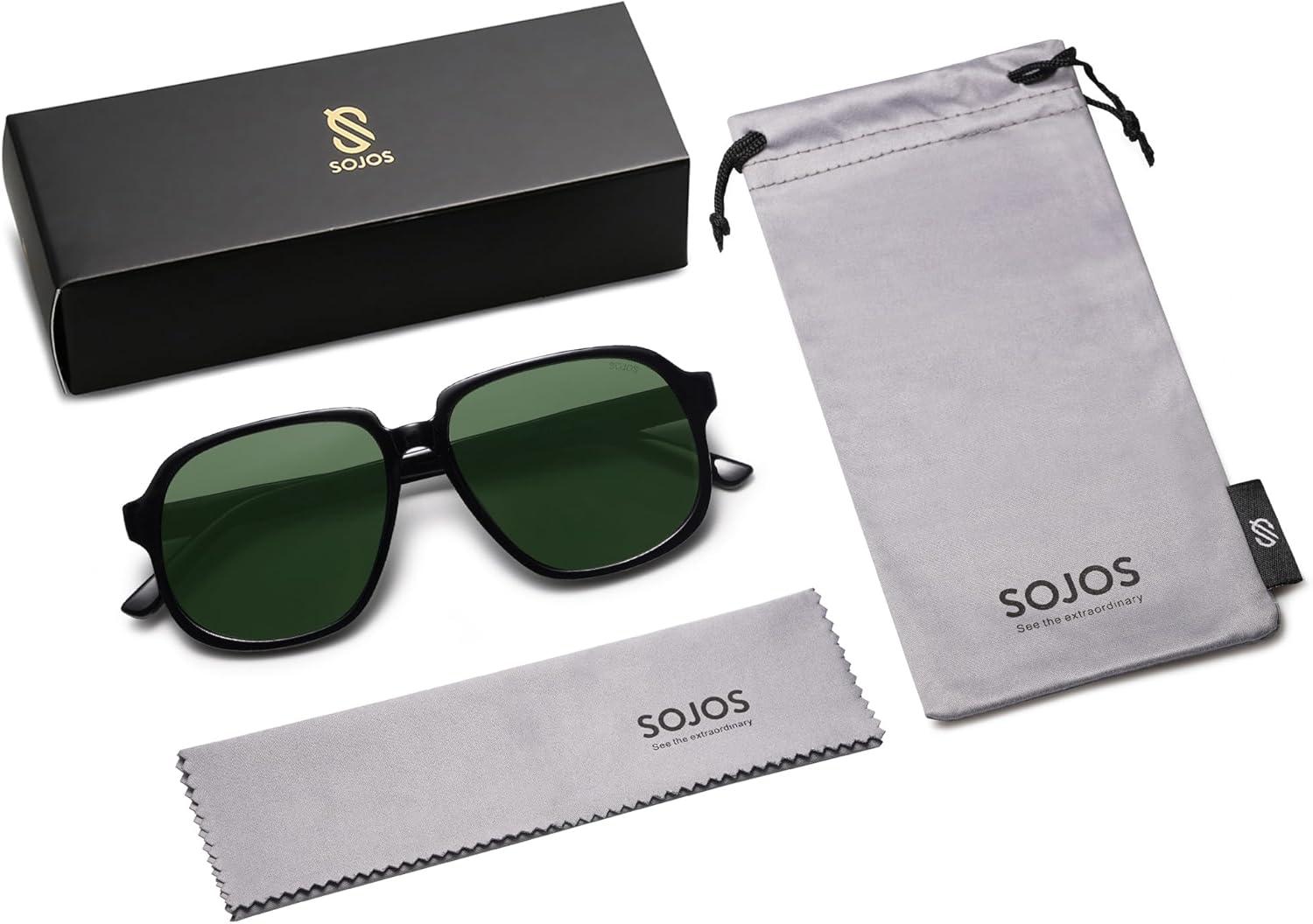 imageSOJOS Retro Vintage Square Polarized Sunglasses for Women Men 70s 80s Oversized Shades SJ2272BlackDark Green