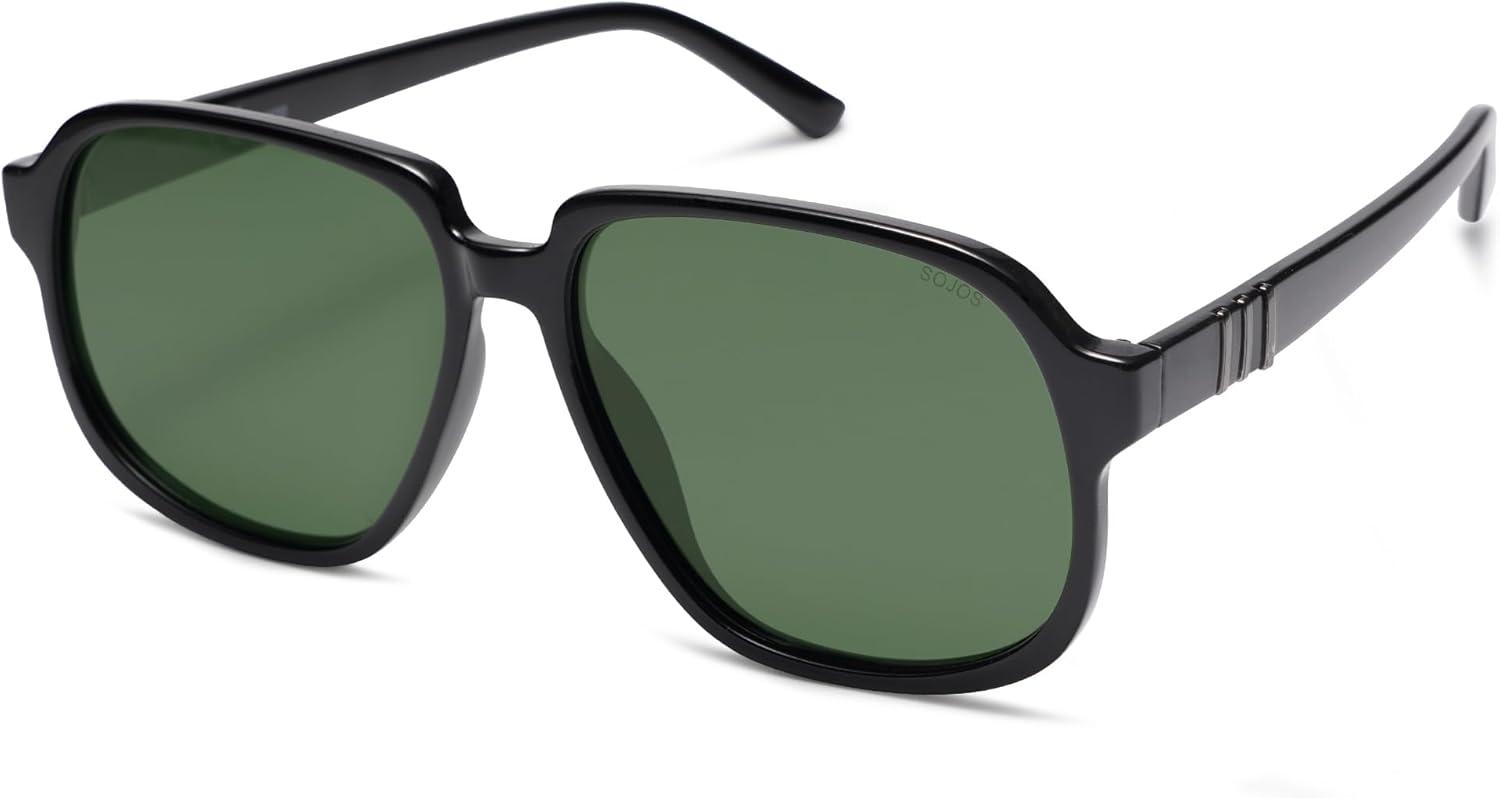 imageSOJOS Retro Vintage Square Polarized Sunglasses for Women Men 70s 80s Oversized Shades SJ2272BlackDark Green