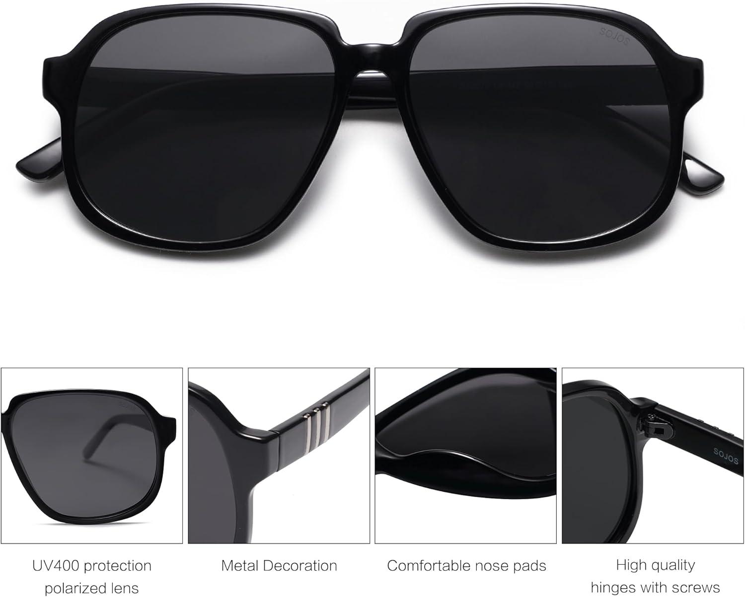 imageSOJOS Retro Vintage Square Polarized Sunglasses for Women Men 70s 80s Oversized Shades SJ2272BlackGrey