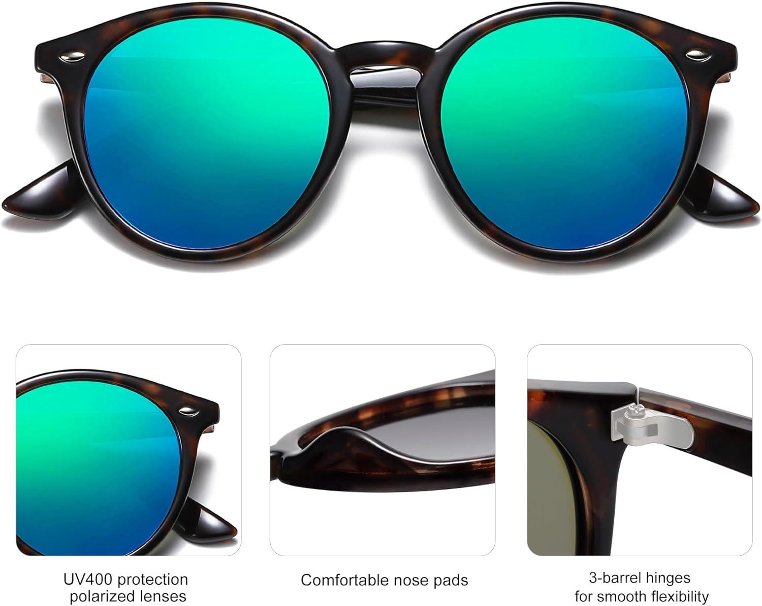 imageSOJOS Retro Round Polarized Sunglasses for Women Men Classic Vintage Sunnies SJ2069Dark TortoiseBluish Green Mirrored