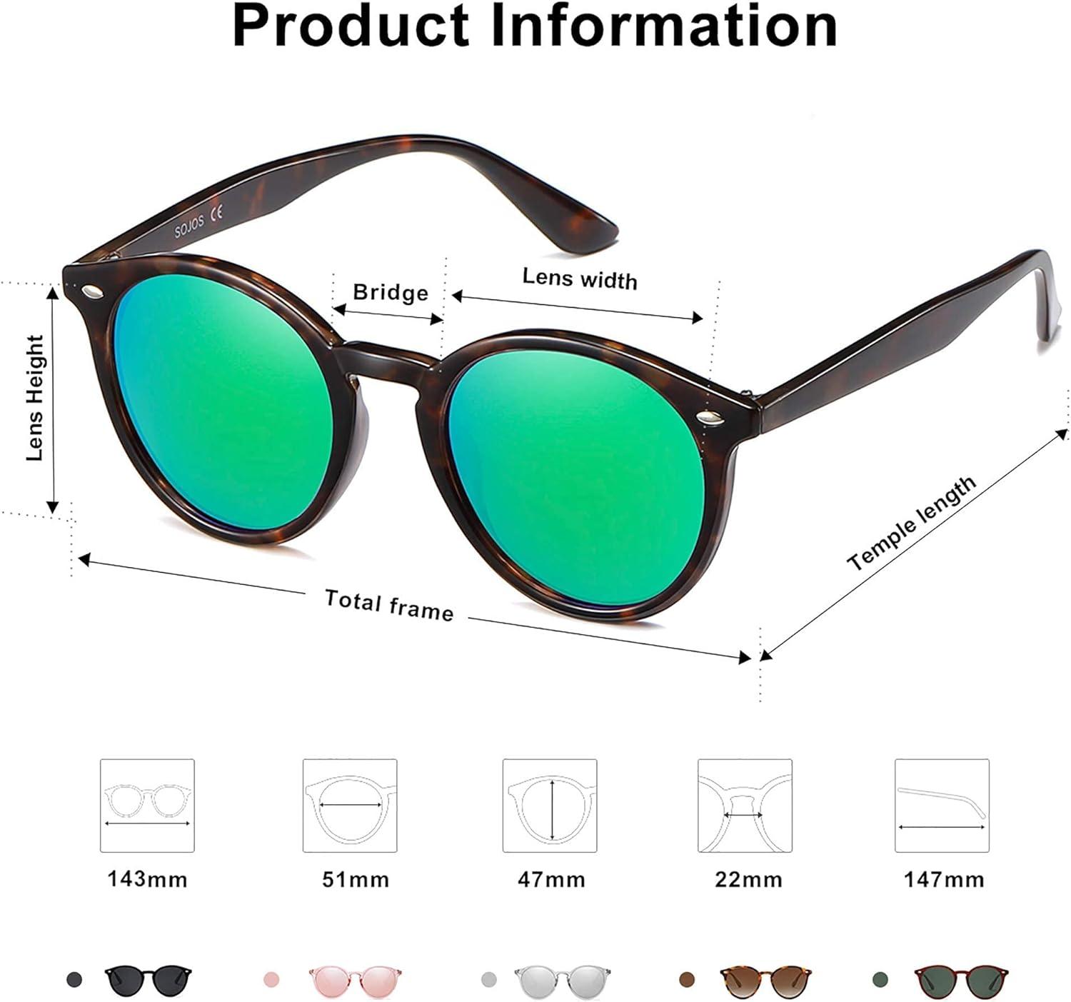 imageSOJOS Retro Round Polarized Sunglasses for Women Men Classic Vintage Sunnies SJ2069Dark TortoiseBluish Green Mirrored