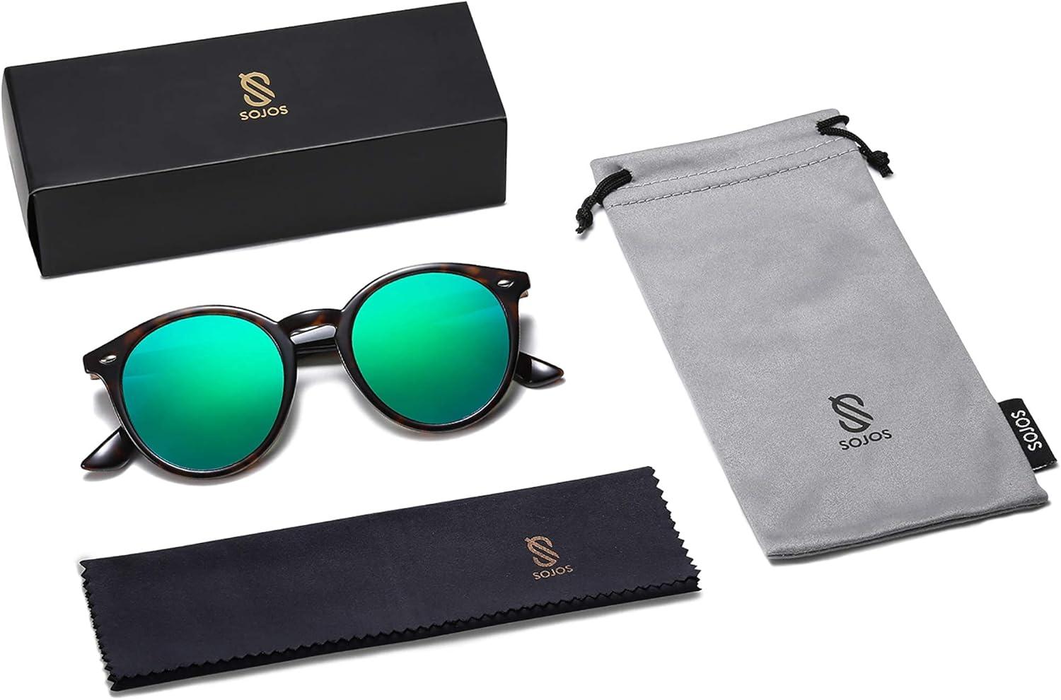 imageSOJOS Retro Round Polarized Sunglasses for Women Men Classic Vintage Sunnies SJ2069Dark TortoiseBluish Green Mirrored