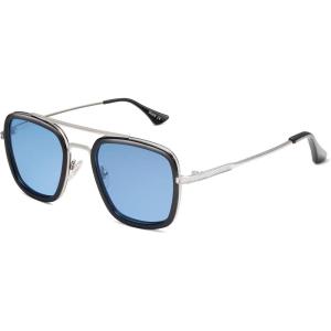 imageSOJOS Polarized Sunglasses for Men Women Retro Aviator Square Goggle Classic Alloy Frame HERO SJ1126C8 Silver FrameBlack RimBlue Lens