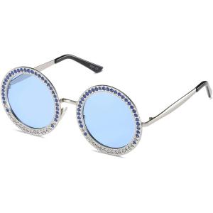 imageSOJOS Shining Oversized Round Rhinestone Sunglasses Festival Gem Sunnies SJ1095C4 Silver FrameBlue Lens With Blue Diamonds