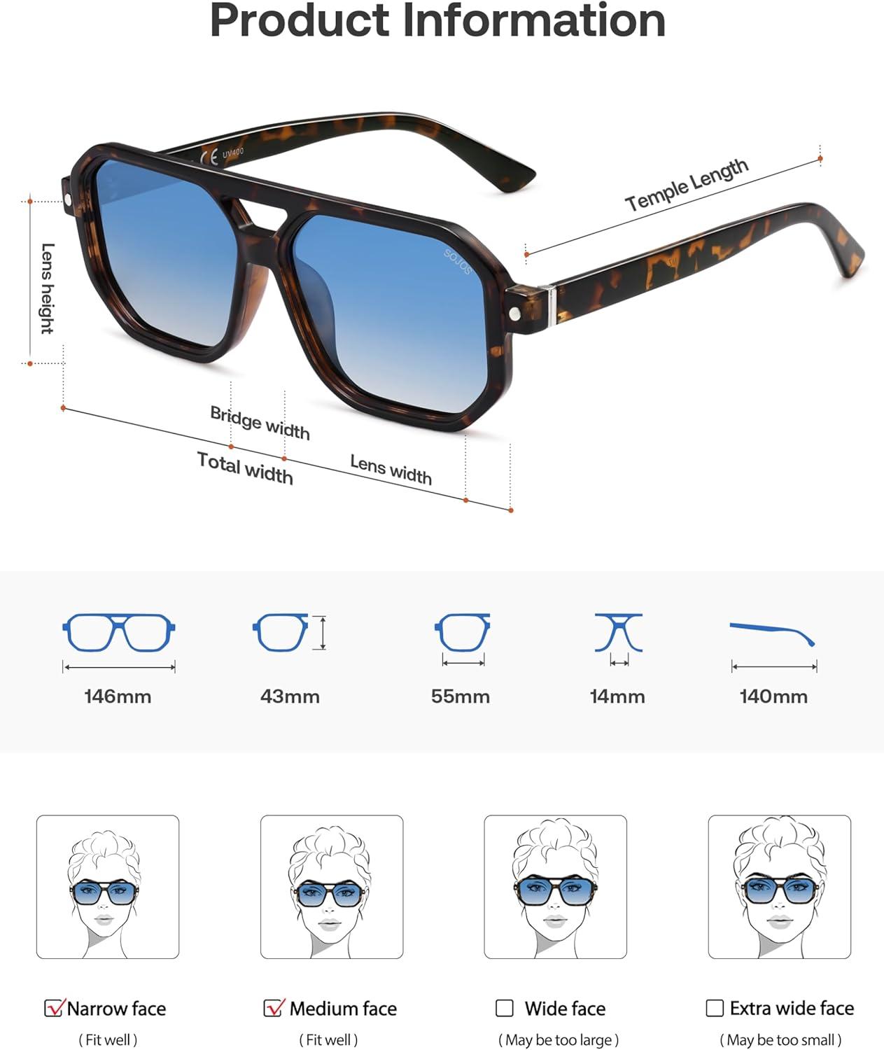 imageSOJOS Retro Polarized Square Aviator Sunglasses for Women Men Vintage 70s UV400 Protection Shade SJ2609Tortoise Blue Grading Lens