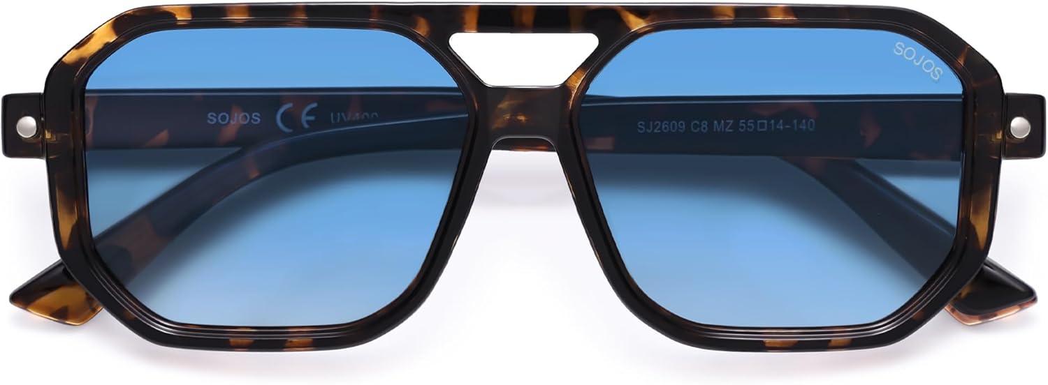 imageSOJOS Retro Polarized Square Aviator Sunglasses for Women Men Vintage 70s UV400 Protection Shade SJ2609Tortoise Blue Grading Lens
