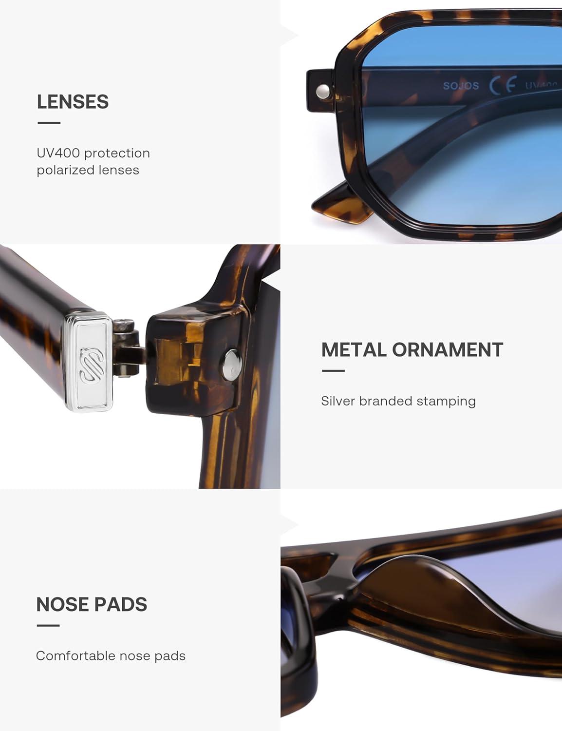 imageSOJOS Retro Polarized Square Aviator Sunglasses for Women Men Vintage 70s UV400 Protection Shade SJ2609Tortoise Blue Grading Lens