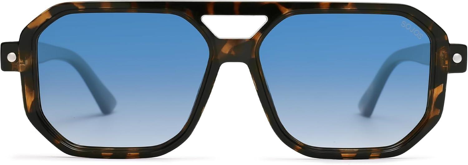 imageSOJOS Retro Polarized Square Aviator Sunglasses for Women Men Vintage 70s UV400 Protection Shade SJ2609Tortoise Blue Grading Lens