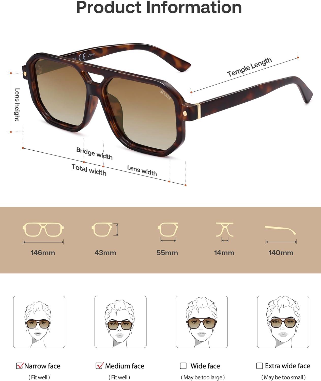 imageSOJOS Retro Polarized Square Aviator Sunglasses for Women Men Vintage 70s UV400 Protection Shade SJ2609Tortoise Brown Grading Lens