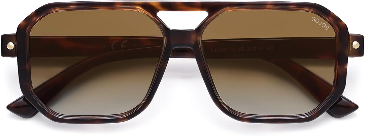 imageSOJOS Retro Polarized Square Aviator Sunglasses for Women Men Vintage 70s UV400 Protection Shade SJ2609Tortoise Brown Grading Lens