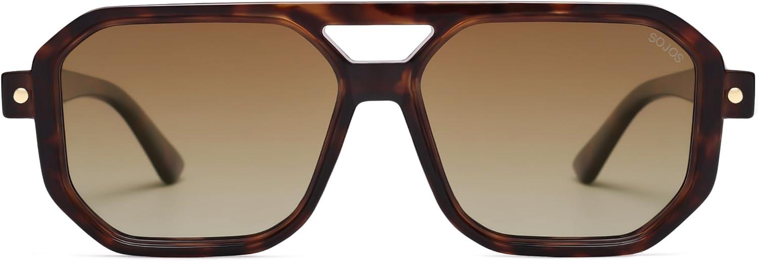 imageSOJOS Retro Polarized Square Aviator Sunglasses for Women Men Vintage 70s UV400 Protection Shade SJ2609Tortoise Brown Grading Lens