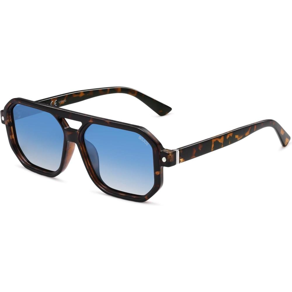 imageSOJOS Retro Polarized Square Aviator Sunglasses for Women Men Vintage 70s UV400 Protection Shade SJ2609Tortoise Blue Grading Lens
