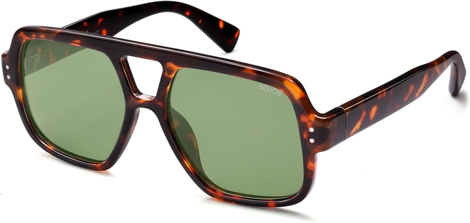 imageSOJOS Retro Square Polarized Aviator Sunglasses Womens Mens Trendy Vintage Aviators Shades SJ2613Brown TortoiseGreen