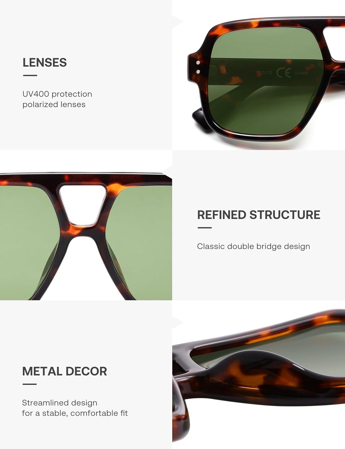 imageSOJOS Retro Square Polarized Aviator Sunglasses Womens Mens Trendy Vintage Aviators Shades SJ2613Brown TortoiseGreen