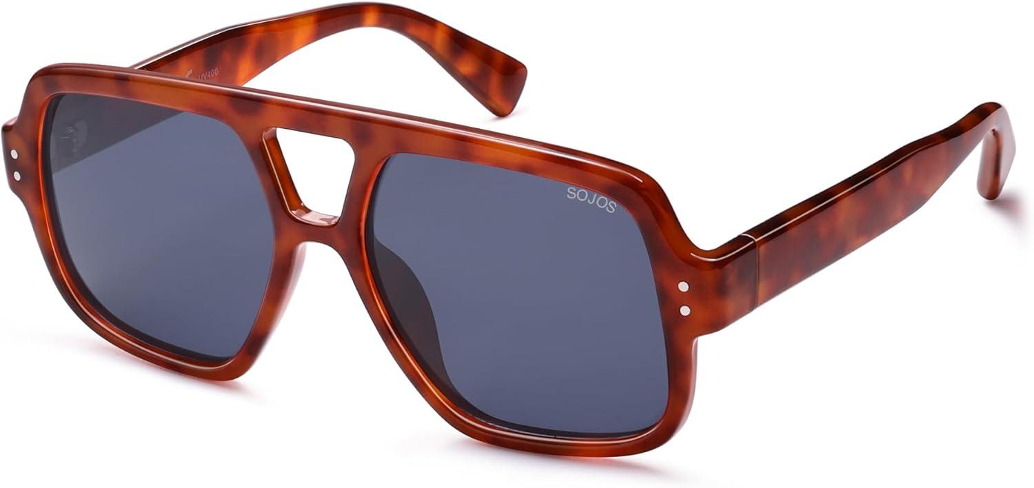 imageSOJOS Retro Square Polarized Aviator Sunglasses Womens Mens Trendy Vintage Aviators Shades SJ2613Caramel TortoiseBlue
