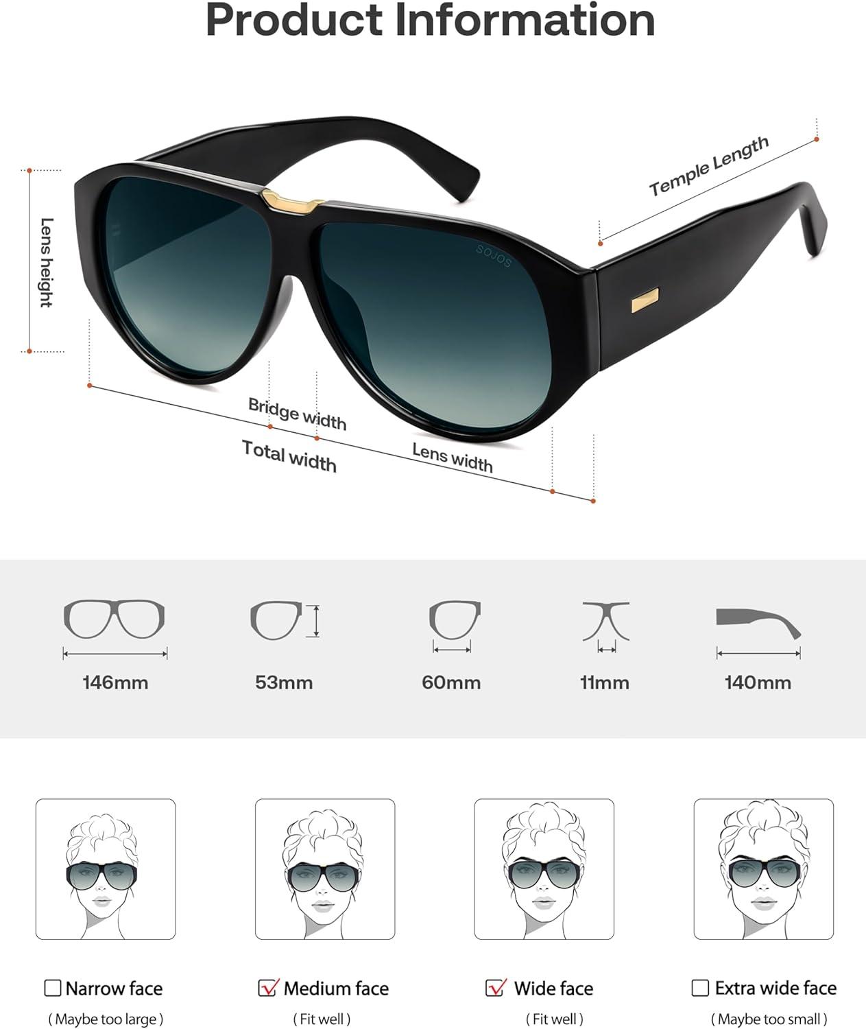 imageSOJOS Oversized Aviator Sunglasses Polarized Womens Mens Retro Trendy Vintage Big Square Shield SJ2392BlackBlue Grading