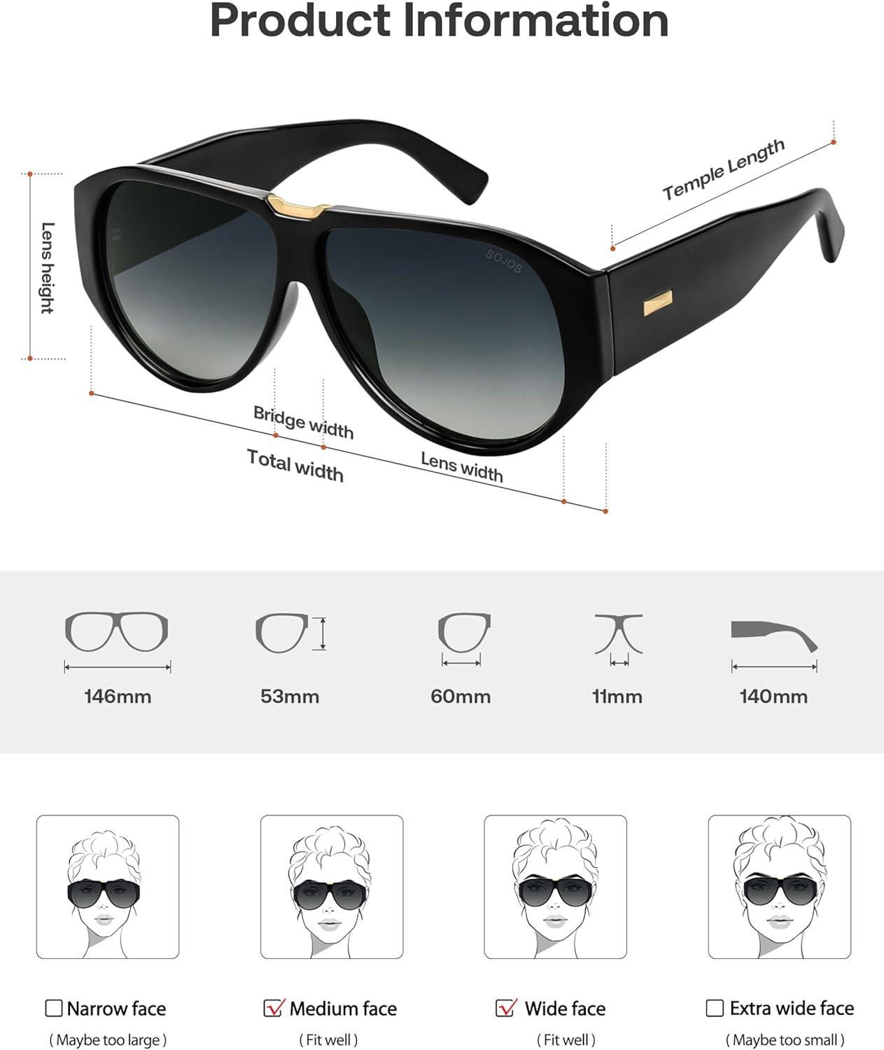 imageSOJOS Oversized Aviator Sunglasses Polarized Womens Mens Retro Trendy Vintage Big Square Shield SJ2392BlackGrey Grading