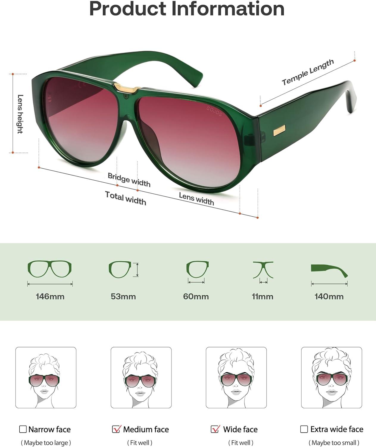 imageSOJOS Oversized Aviator Sunglasses Polarized Womens Mens Retro Trendy Vintage Big Square Shield SJ2392GreenPink Grading