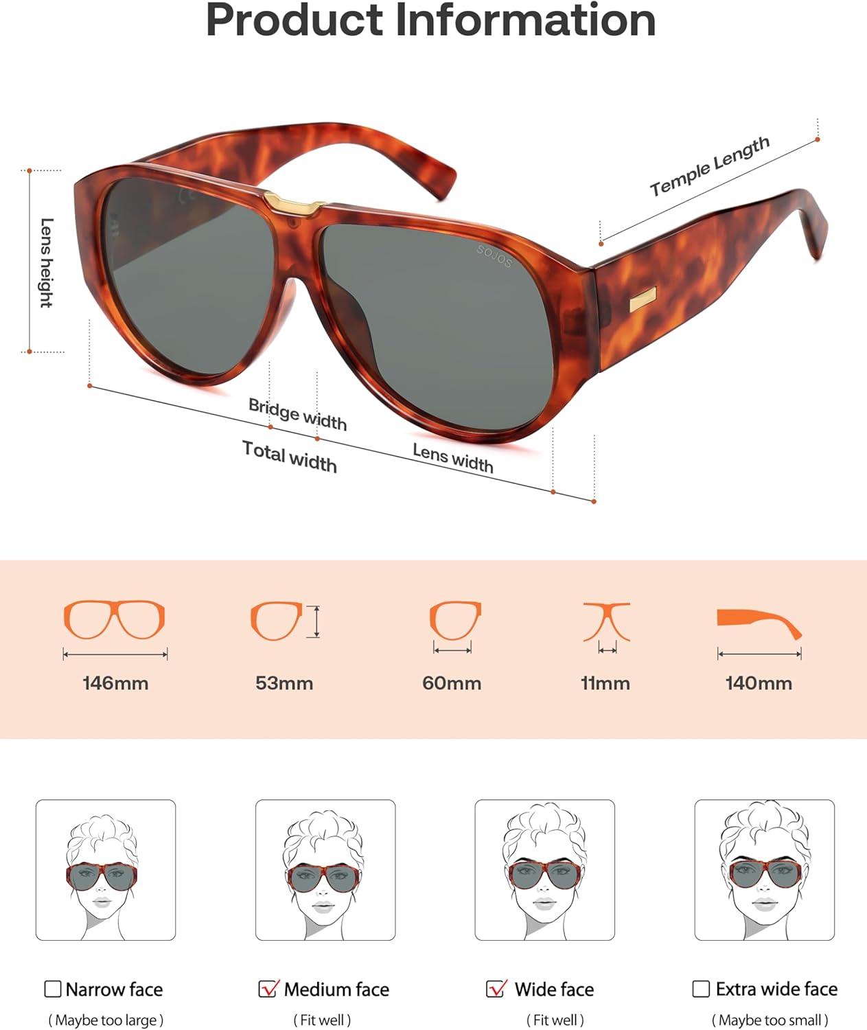 imageSOJOS Oversized Aviator Sunglasses Polarized Womens Mens Retro Trendy Vintage Big Square Shield SJ2392Red TortoiseGrey