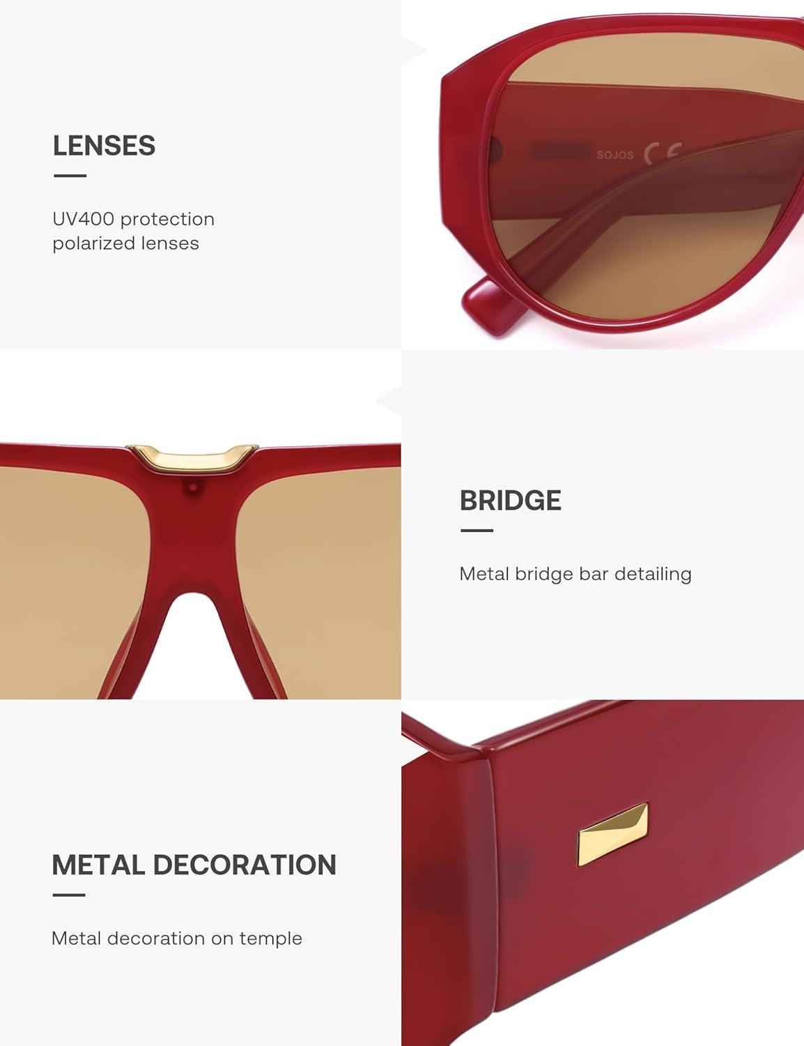 imageSOJOS Oversized Aviator Sunglasses Polarized Womens Mens Retro Trendy Vintage Big Square Shield SJ2392RedLight Brown