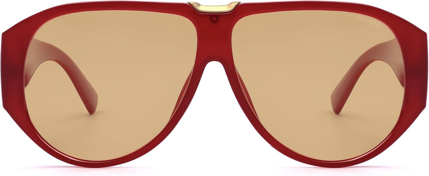 imageSOJOS Oversized Aviator Sunglasses Polarized Womens Mens Retro Trendy Vintage Big Square Shield SJ2392RedLight Brown