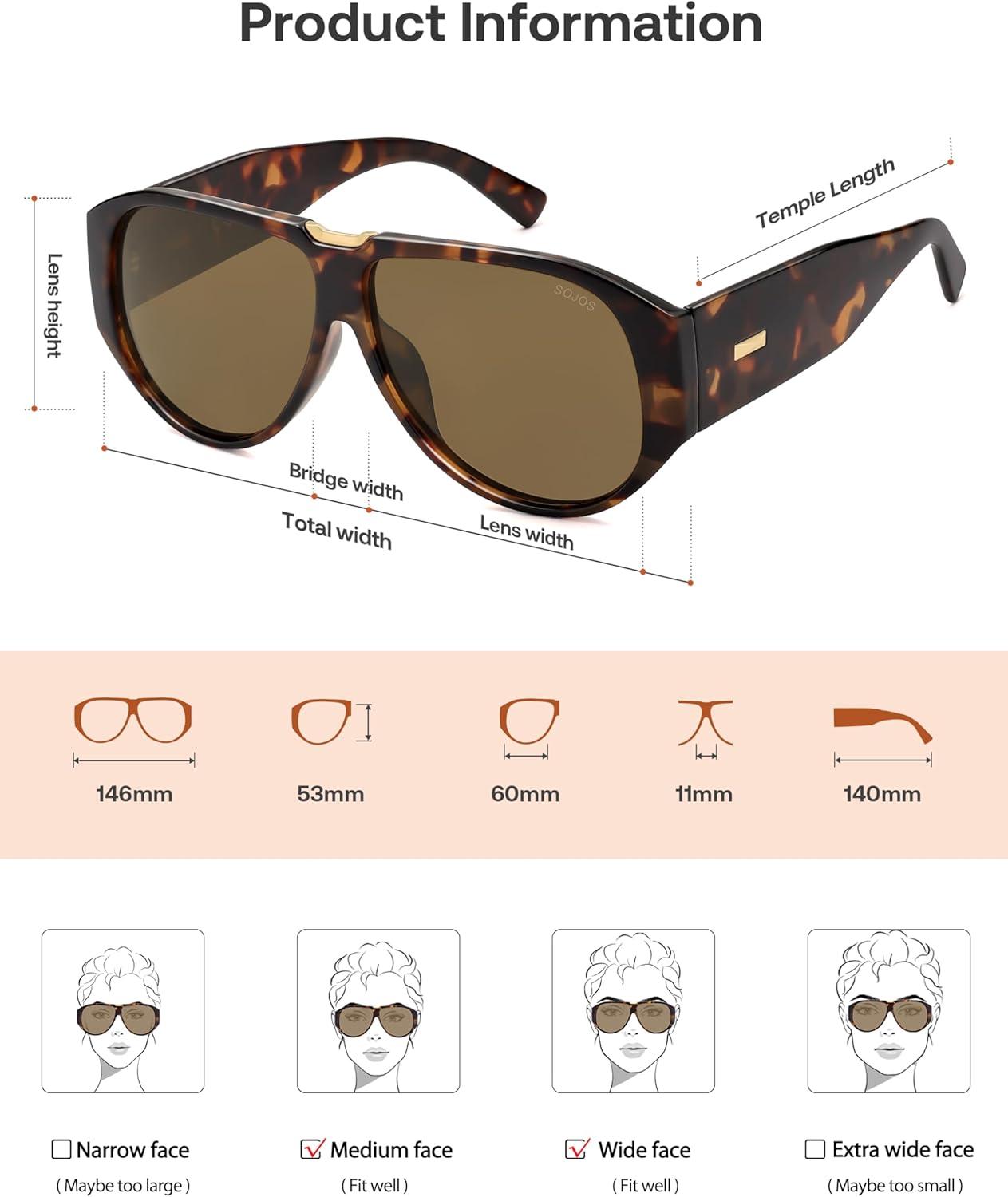 imageSOJOS Oversized Aviator Sunglasses Polarized Womens Mens Retro Trendy Vintage Big Square Shield SJ2392TortoiseBrown