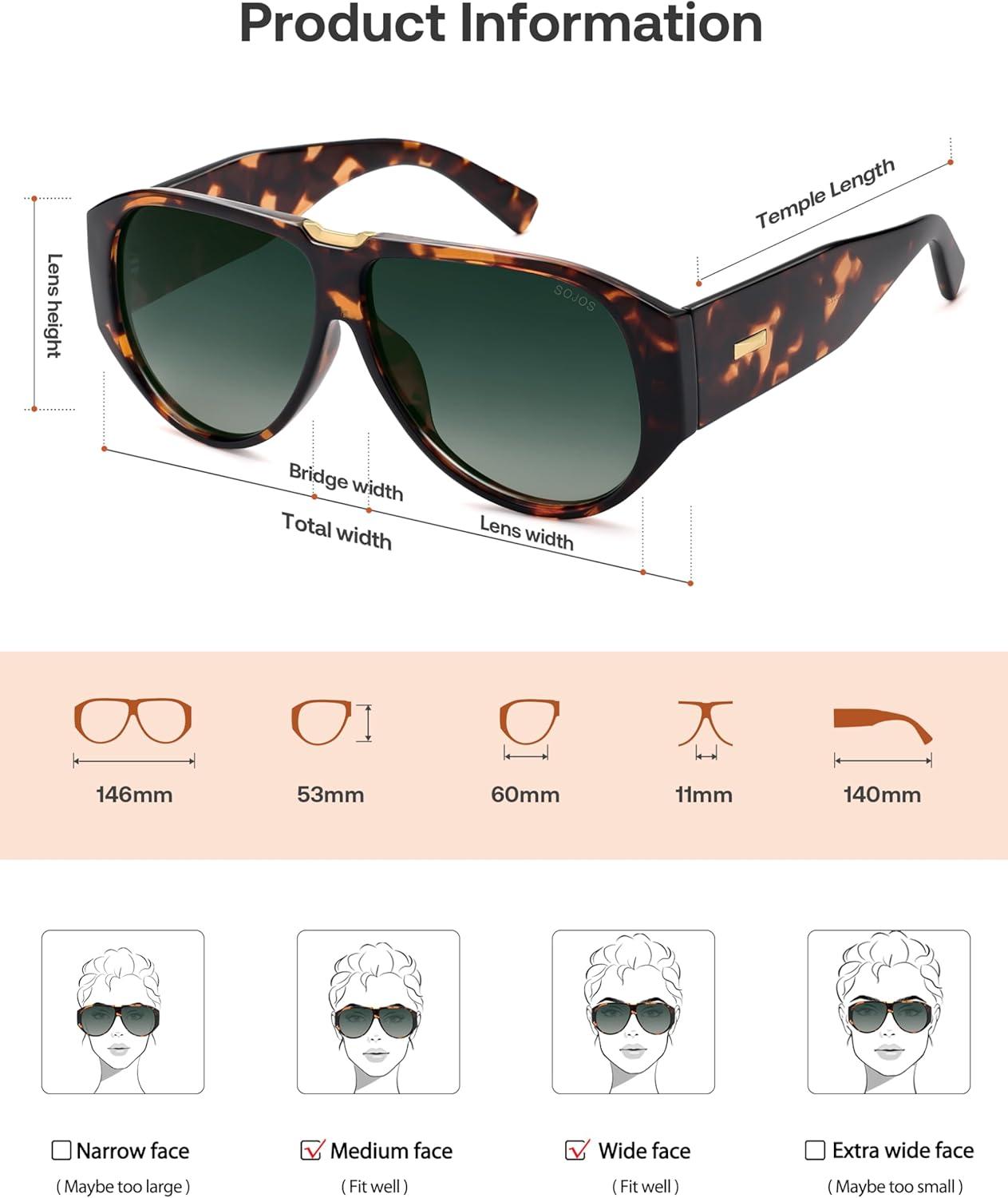 imageSOJOS Oversized Aviator Sunglasses Polarized Womens Mens Retro Trendy Vintage Big Square Shield SJ2392TortoiseGreen Grading