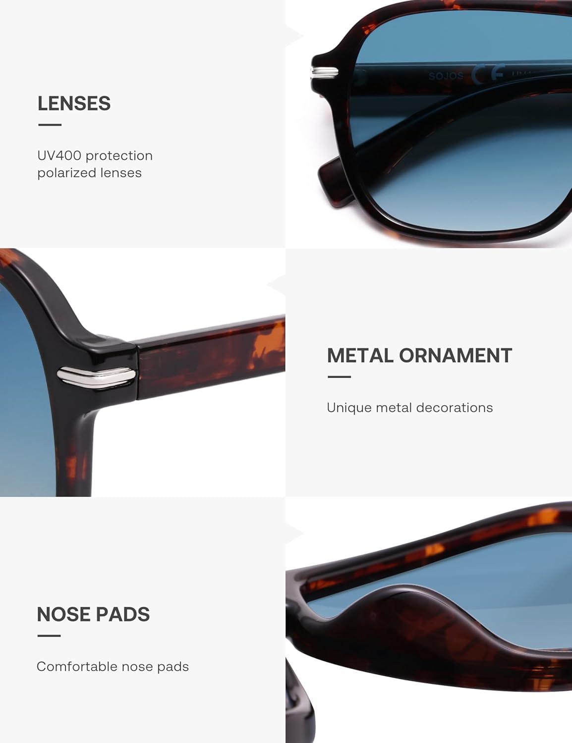 imageSOJOS Retro Aviator Polarized Sunglasses for Men Women Trendy Vintage Square Pilot Mens Shades SJ2370Tortoise Frame Blue Grading Lens