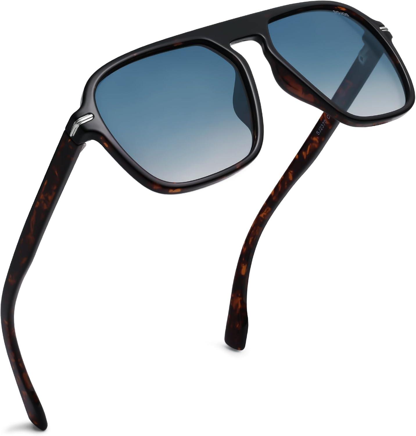 imageSOJOS Retro Aviator Polarized Sunglasses for Men Women Trendy Vintage Square Pilot Mens Shades SJ2370Tortoise Frame Blue Grading Lens