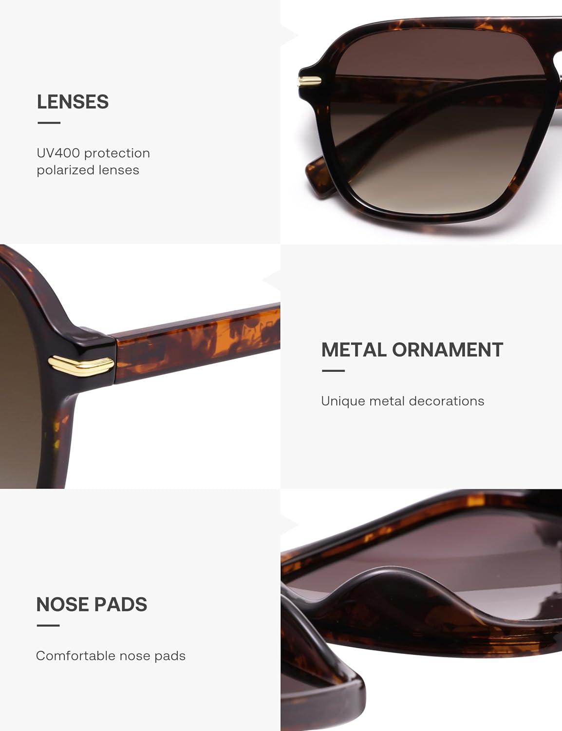 imageSOJOS Retro Aviator Polarized Sunglasses for Men Women Trendy Vintage Square Pilot Mens Shades SJ2370Tortoise Frame Brown Grading Lens