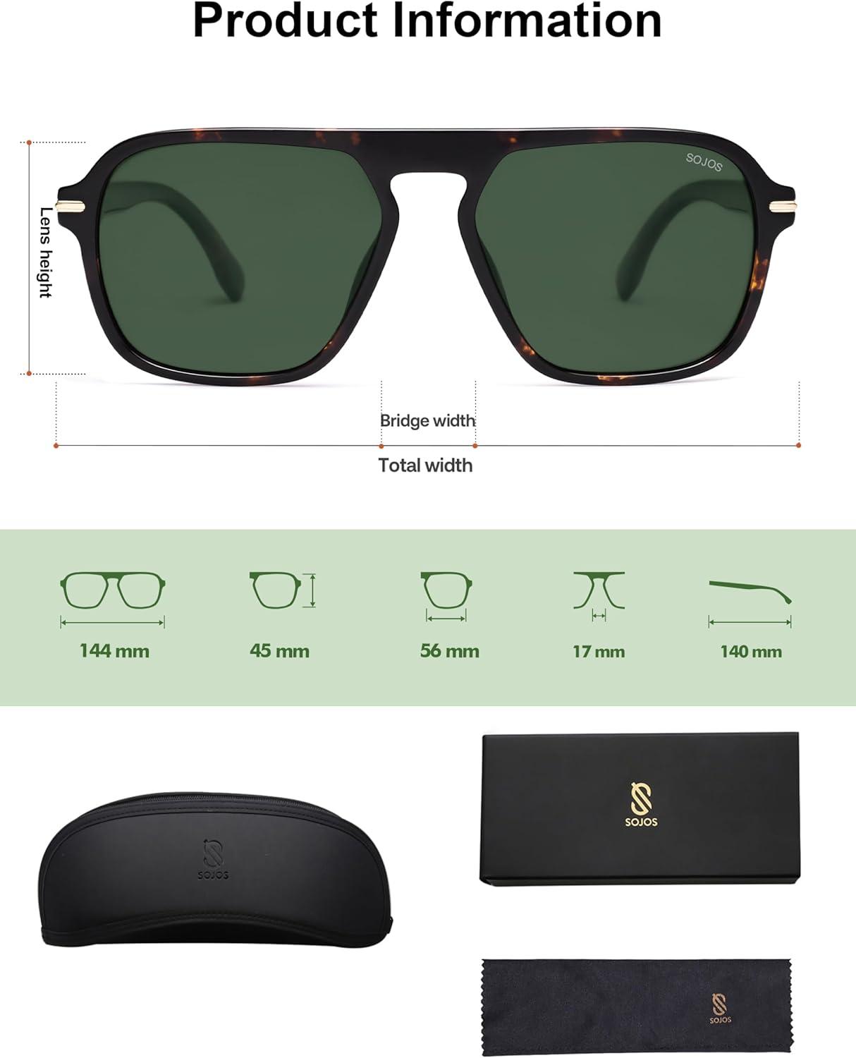 imageSOJOS Retro Aviator Polarized Sunglasses for Men Women Trendy Vintage Square Pilot Mens Shades SJ2370Tortoise Frame Green Lens