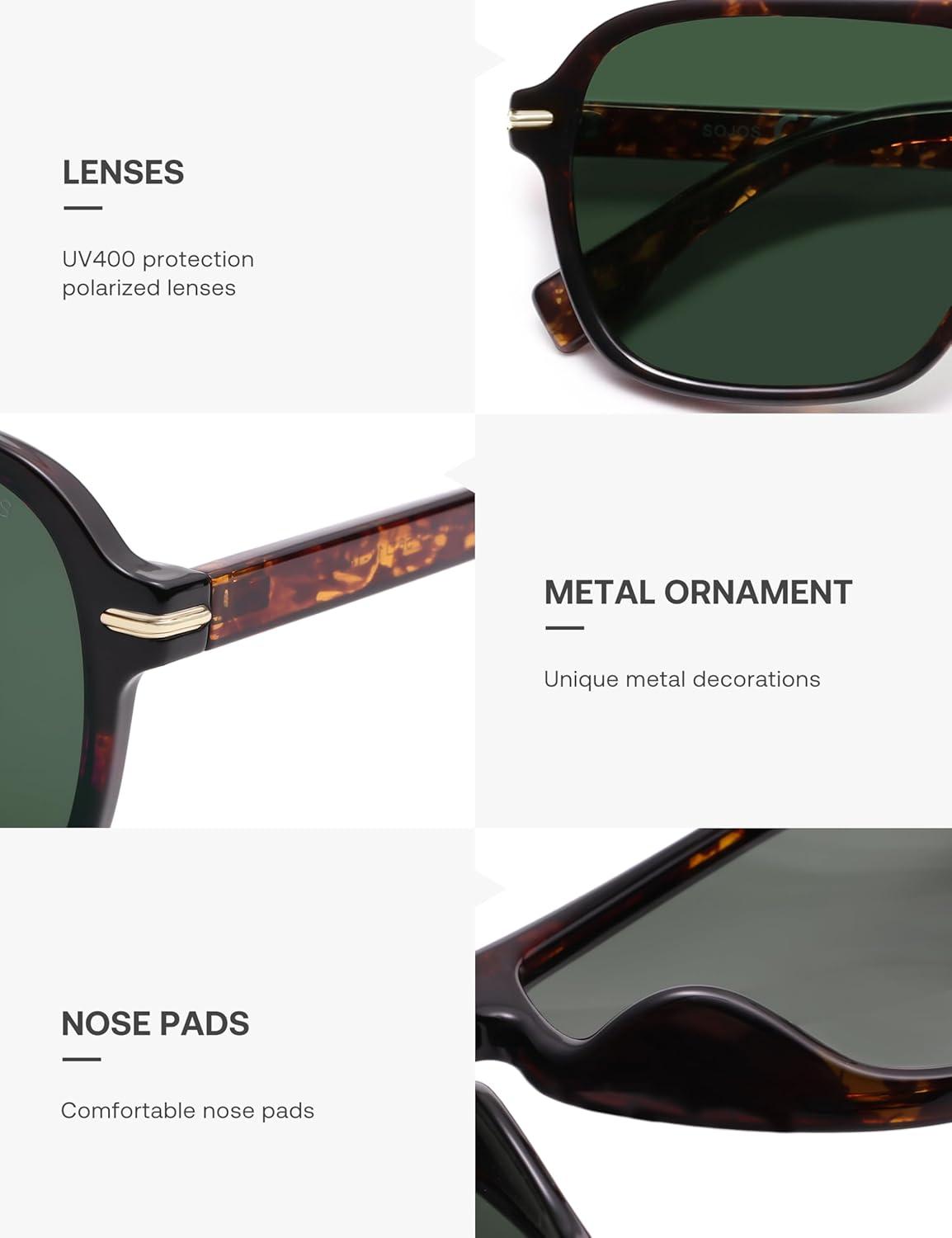 imageSOJOS Retro Aviator Polarized Sunglasses for Men Women Trendy Vintage Square Pilot Mens Shades SJ2370Tortoise Frame Green Lens