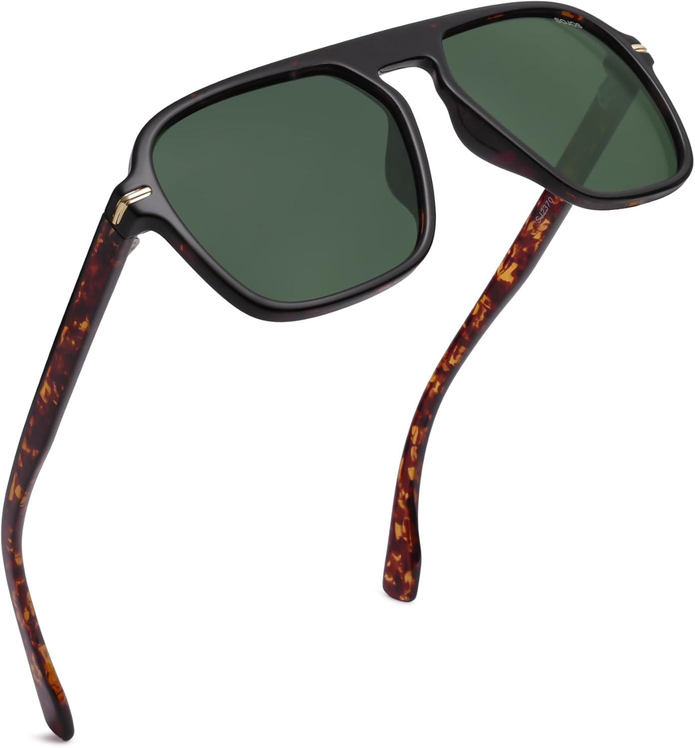 imageSOJOS Retro Aviator Polarized Sunglasses for Men Women Trendy Vintage Square Pilot Mens Shades SJ2370Tortoise Frame Green Lens