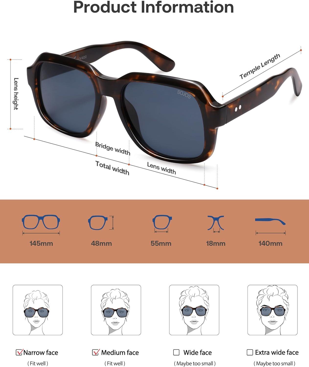 imageSOJOS Retro Square Polarized Sunglasses Womens Mens Chic Vintage Oversized Old Money Shades SJ2616Dark TortoiseDark Blue