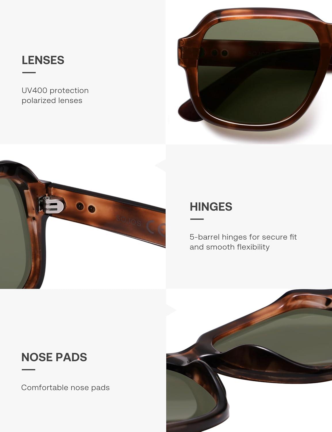 imageSOJOS Retro Square Polarized Sunglasses Womens Mens Chic Vintage Oversized Old Money Shades SJ2616TortoiseGreen