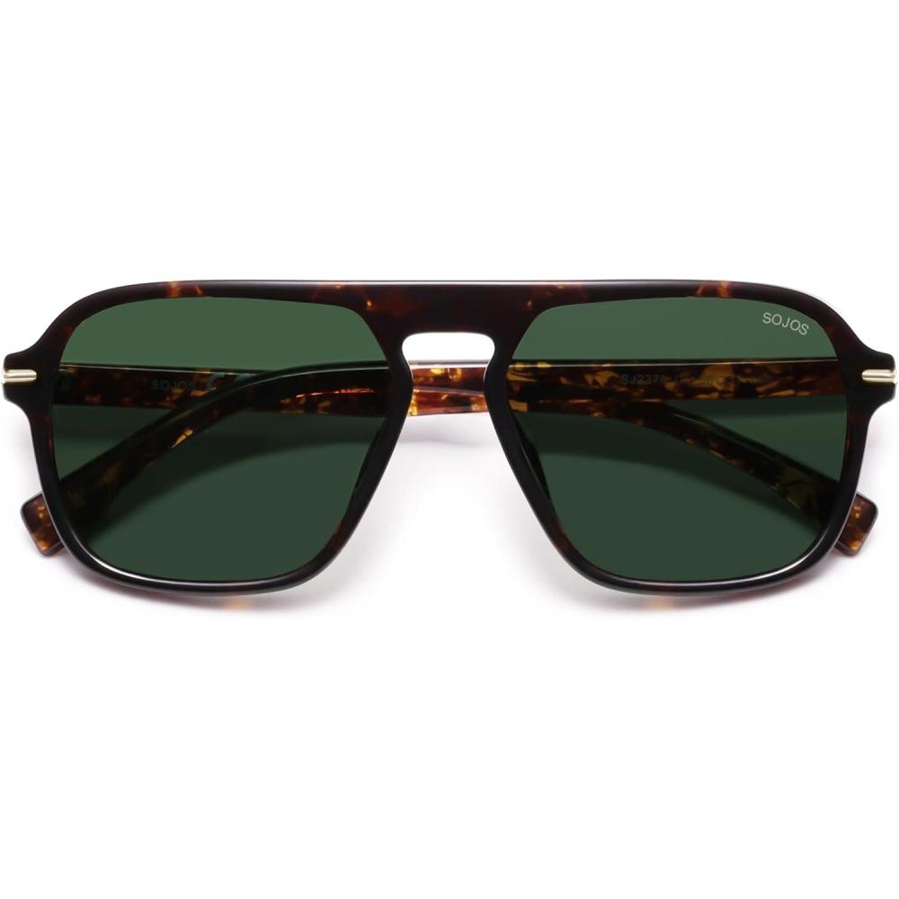 imageSOJOS Retro Aviator Polarized Sunglasses for Men Women Trendy Vintage Square Pilot Mens Shades SJ2370Tortoise Frame Green Lens
