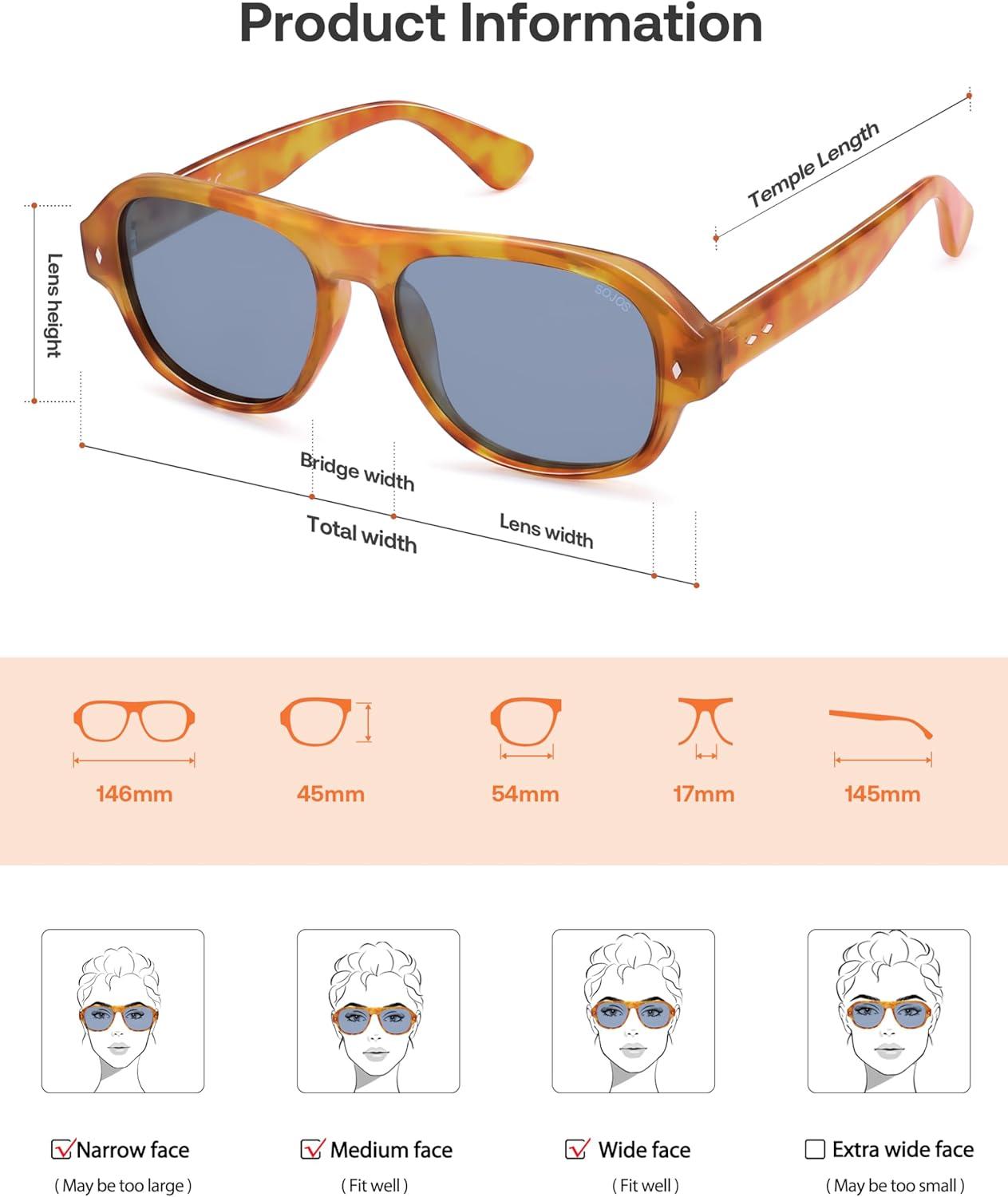 imageSOJOS Polarized Aviator Square Sunglasses for Women Men 90s Retro Vintage Oval Shades UV400 Lens SJ2395Yellow TortoiseBlue