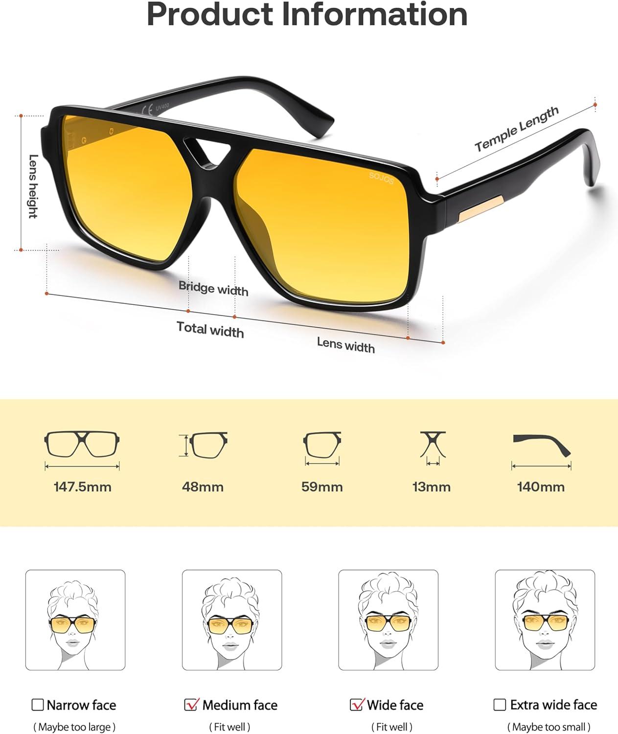 imageSOJOS Retro Oversized Square Polarized Sunglasses for Women and Men Vintage Shades Classic Large Sun Glasses SJ2618BlackYellow