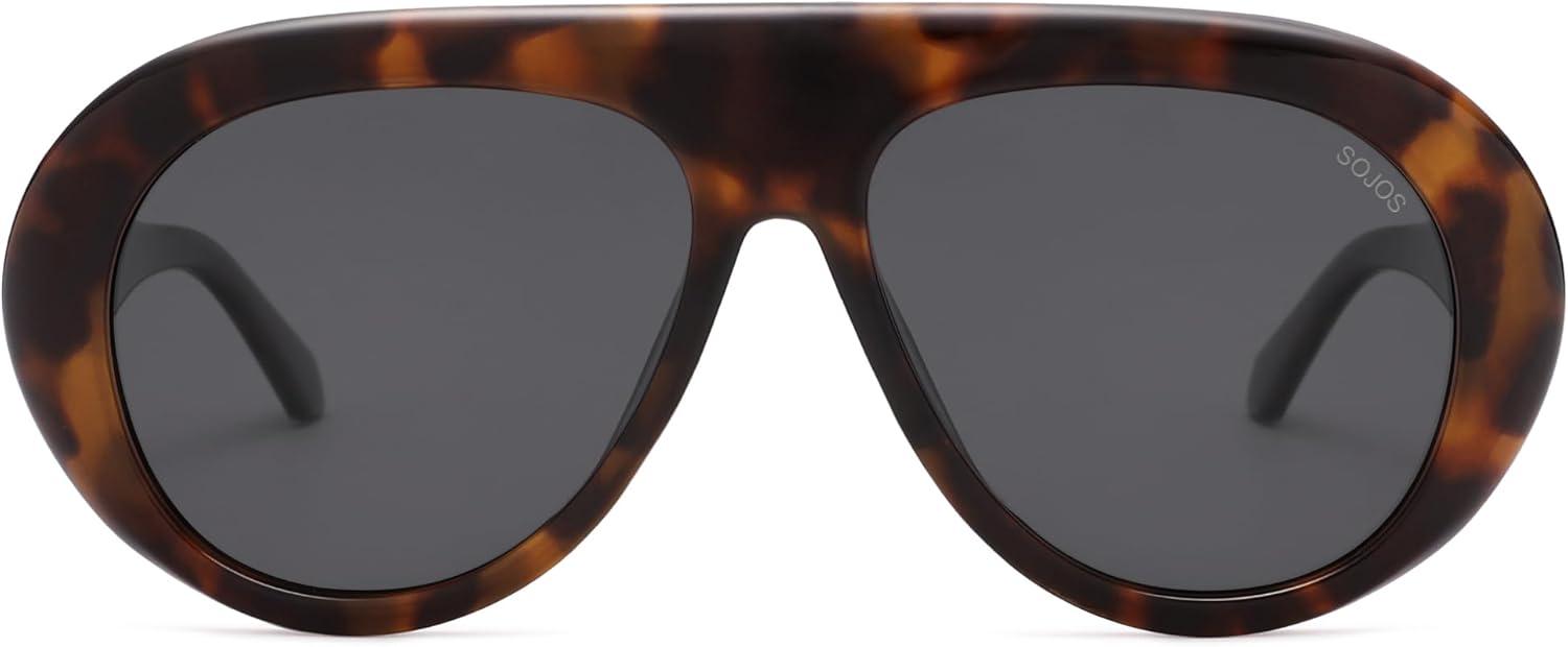 imageSOJOS Trendy Oversized Polarized Aviator Sunglasses Womens Men Retro Vintage 70s Style UV Protection Sun Glasses SJ2390Dark TortoiseGrey