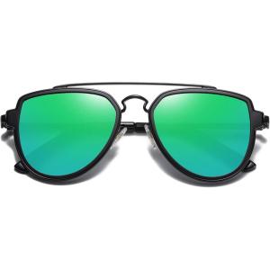 imageSOJOS Retro Aviator Polarized Double Bridge Sunglasses for Men Women Mirrored Lens SJ1051BlackGreenish Blue Mirrored