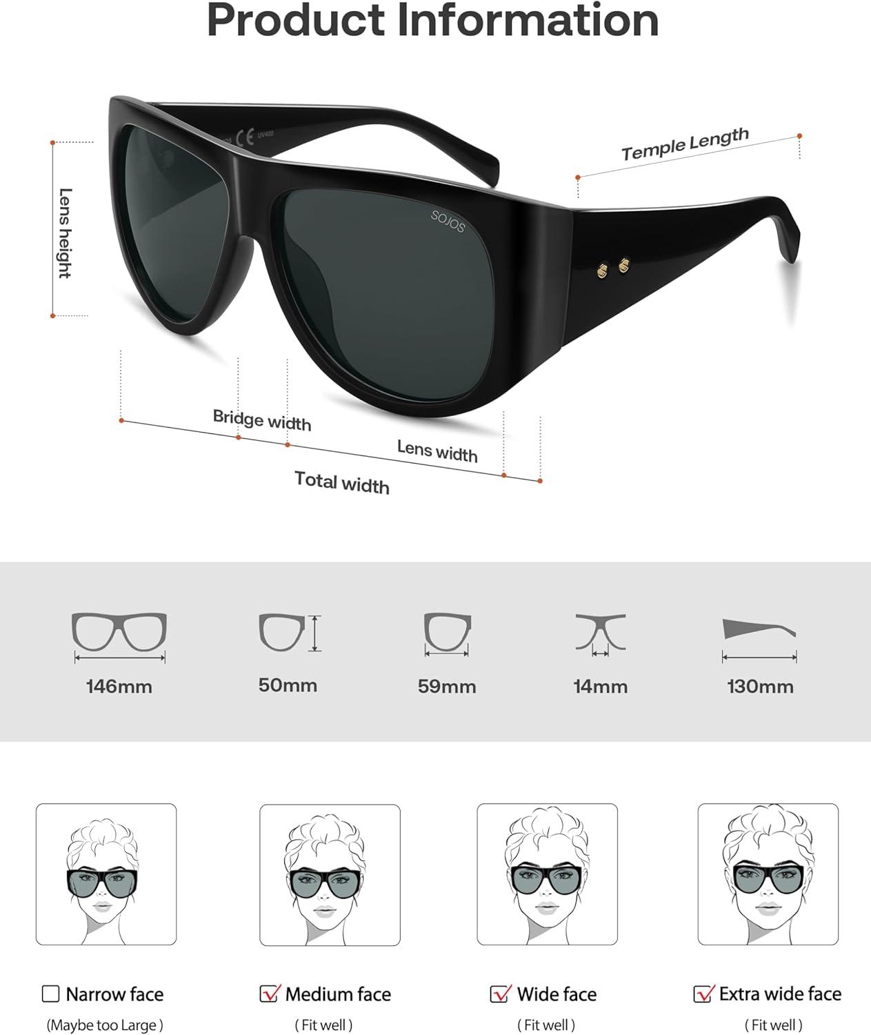 imageSOJOS Vintage Retro Oversized Big Aviator Polarized Sunglasses Womens Men SJ2615Black Frame Grey Lens
