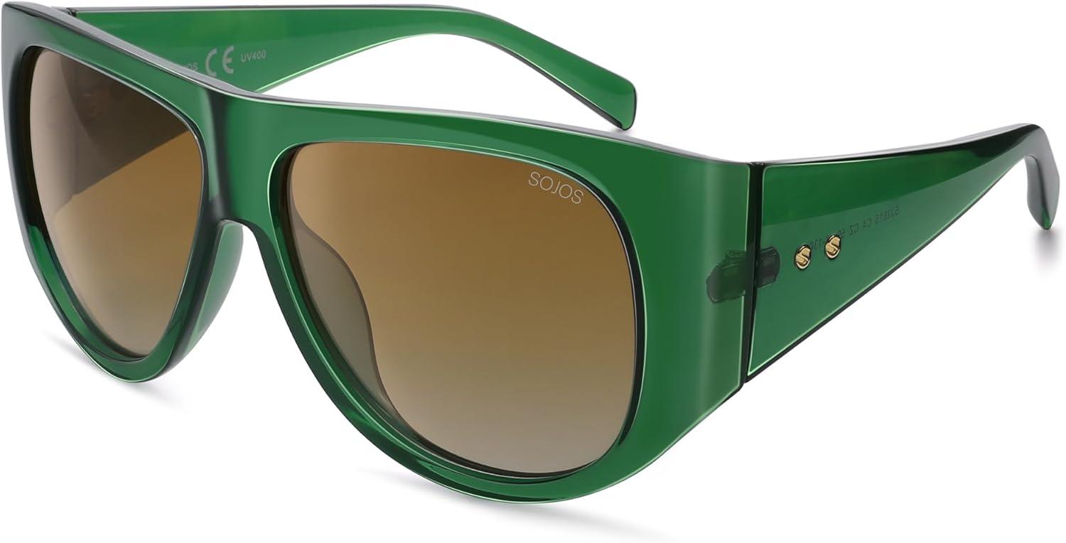 imageSOJOS Vintage Retro Oversized Big Aviator Polarized Sunglasses Womens Men SJ2615Green Frame Brown Grading Lens