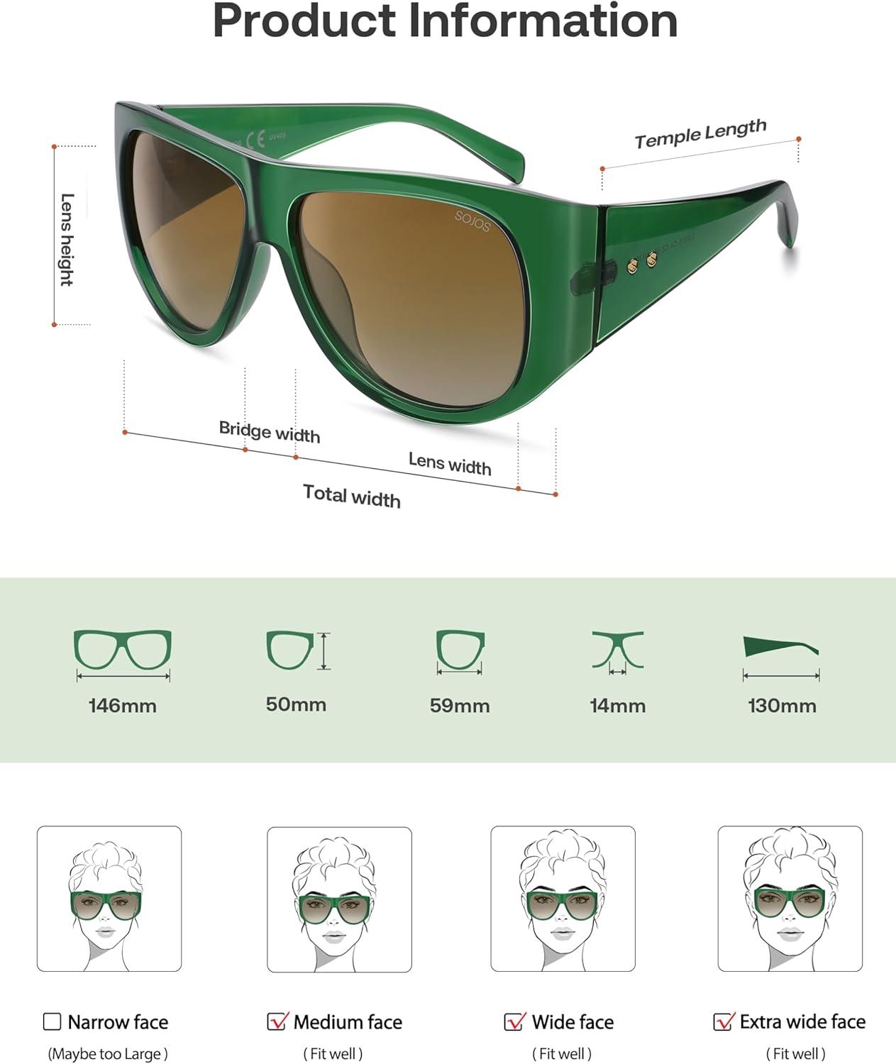 imageSOJOS Vintage Retro Oversized Big Aviator Polarized Sunglasses Womens Men SJ2615Green Frame Brown Grading Lens