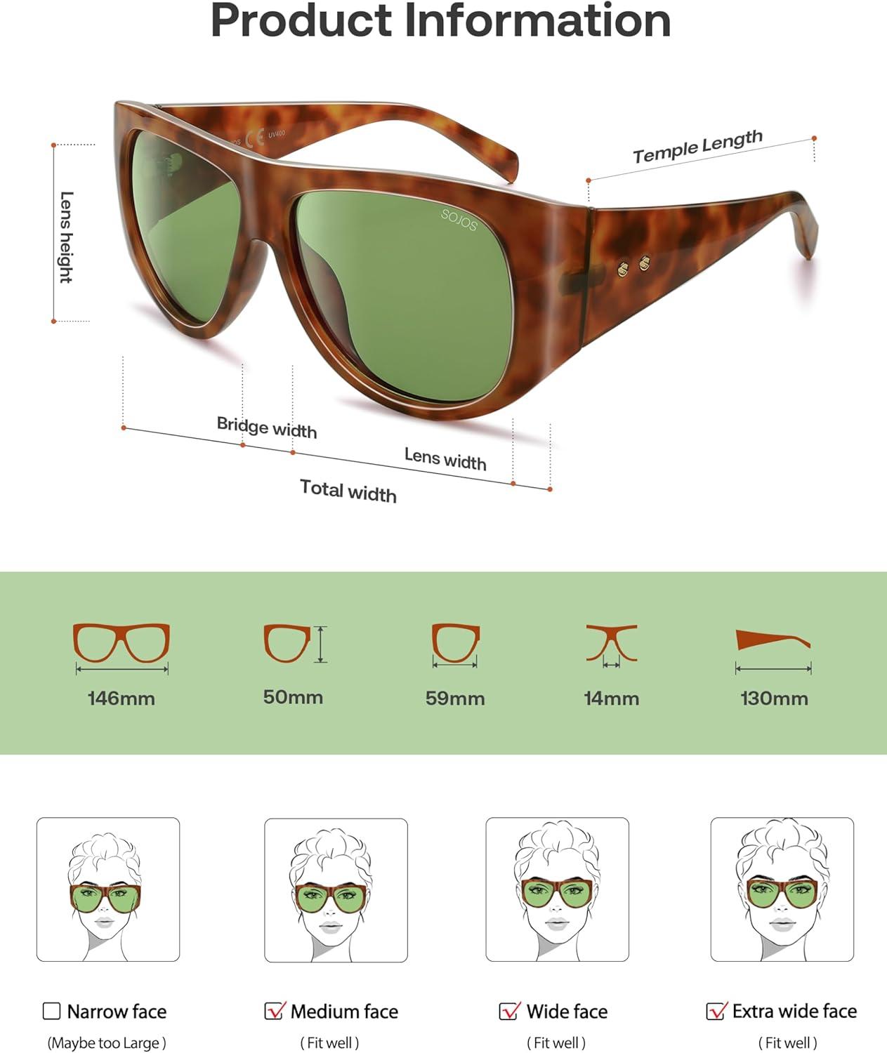 imageSOJOS Vintage Retro Oversized Big Aviator Polarized Sunglasses Womens Men SJ2615Yellow Tortoise Frame Green Lens
